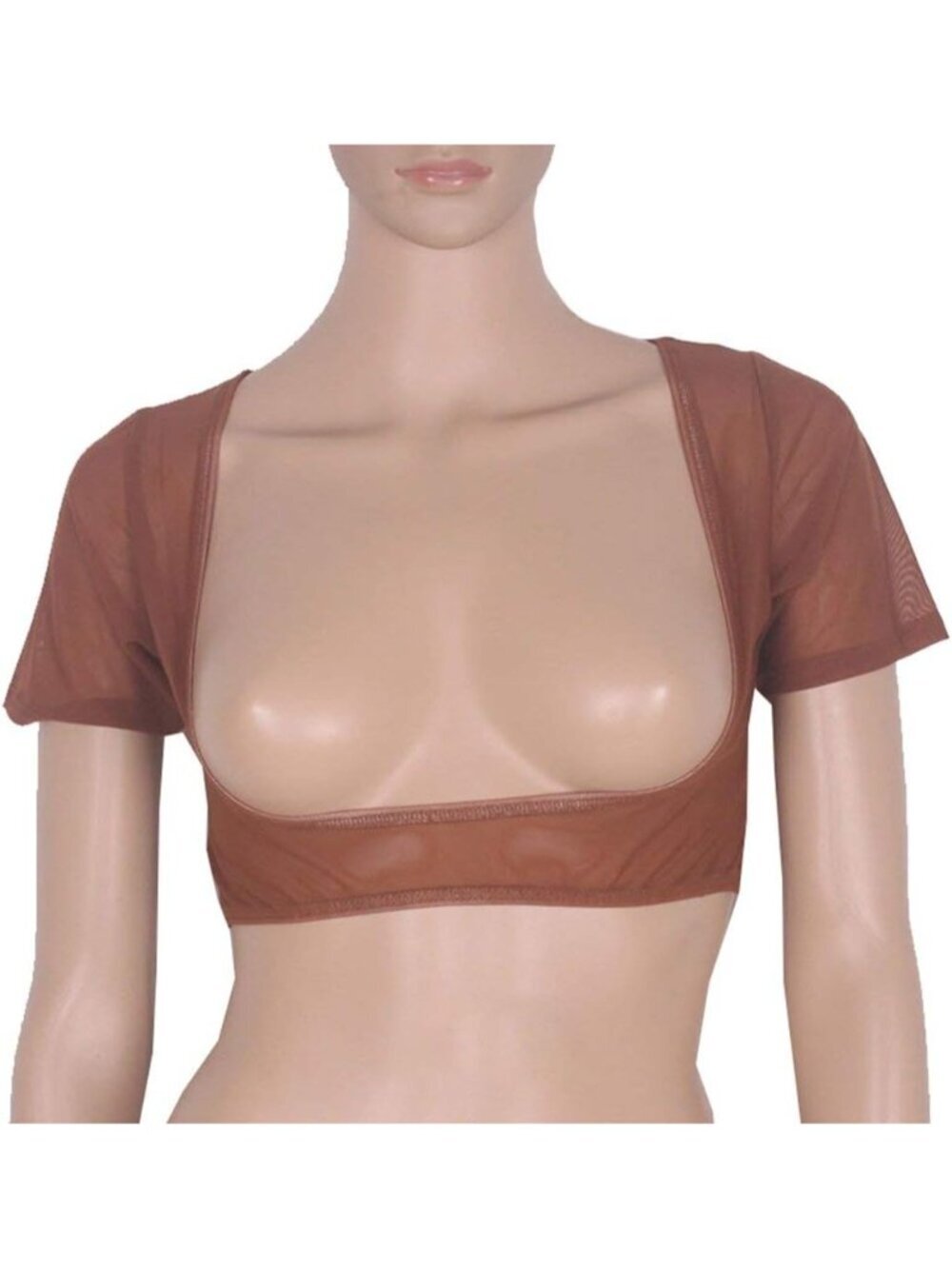 〽️Women's Coffee Mesh Open Bust Square Neck Short Sleeve Belly Dance Crop Top